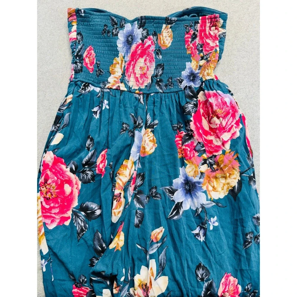 Heart Of Gypsy Jumpsuit Womens Large Teal Blue Floral Strapless Wide‎ Leg Boho